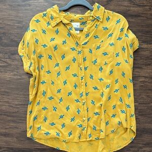 Sunny Yellow Cactus Print Button-Down Shirt